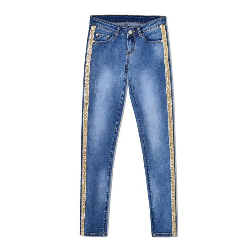 Pantalones vaqueros de mezclilla de longitud completa para mujer, pantalones de cintura baja, pantalones ajustados, talla grande y rayas laterales doradas 2019 - 4