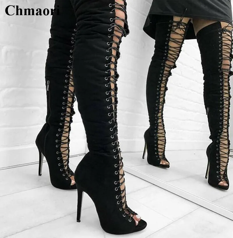 

Hot Selling Women Fashion Open Toe Black Suede Leather Over Knee Gladiator Boots Cut-out Lace-up Long High Heel Boots