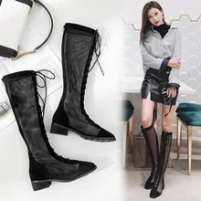 Женские высокие сапоги выше колена с квадратным носком, на молнии, с перекрестной шнуровкой; однотонные осенне-зимние сапоги до бедра на среднем каблуке обувь из сетчатого материала на квадратном каблуке