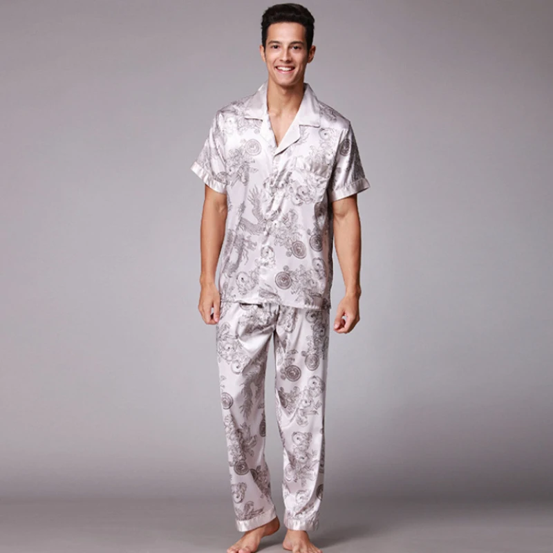 SSH021 осенне-летняя Домашняя одежда с короткими рукавами и длинными штанами, пижамный комплект, Мужская атласная Шелковая пижама с принтом, мужская пижама, пижама, одежда для сна