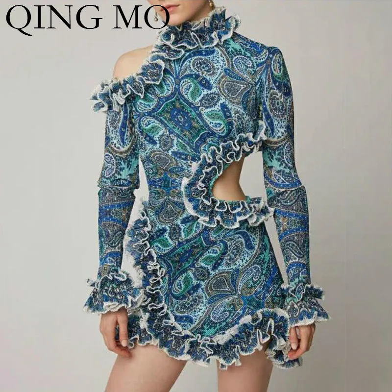 

QING MO Off Waist Off Shoulder Sexy Dress Women Blue Printing Lacework Dress Women Irregular Bodycon Dress 2019 Summer ZQY797