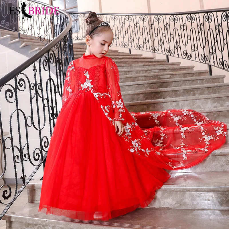 

Red Gorgeous Communion Dress Tulle Wedding Bridesmaid 2019 New Arrival Elegant Princess Party Dresses Children Clothes ES1706