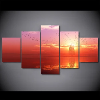 

5 Piece Canvas Painting Fire Cloud Red Sky Sunset Flock Of Seabirds Wall Picture For Living Room Quadro Decorativo Para Sala