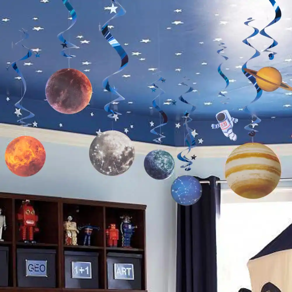 10pcs Space Galaxy Hanging Swirl Decoration Outer Planet Rocket Astronaut Space Flight Kids Boy Birthday Home Party Supplies