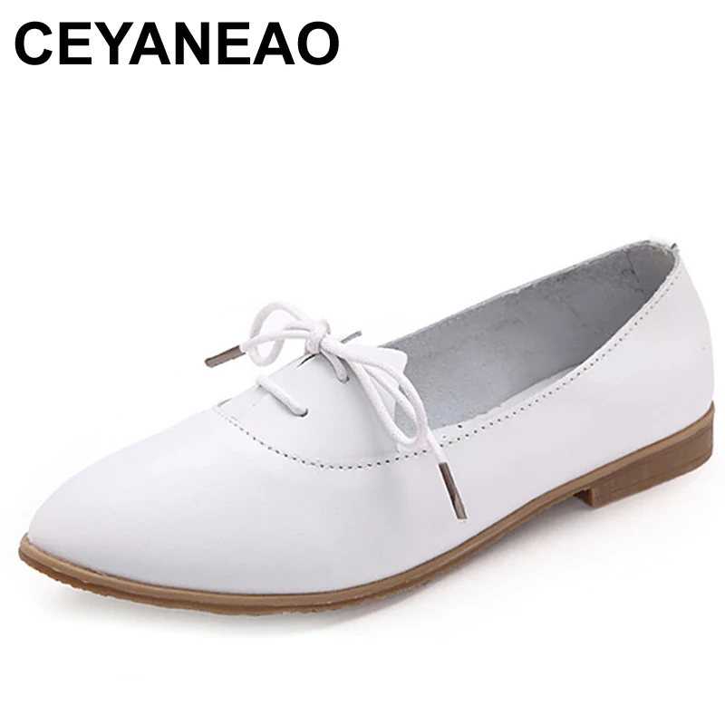 

CEYANEAO 2018 Four seasons Woman ballet flats pointed toe Ruffles Sewing lace up leather shoes Fashion Leisure women Light C064