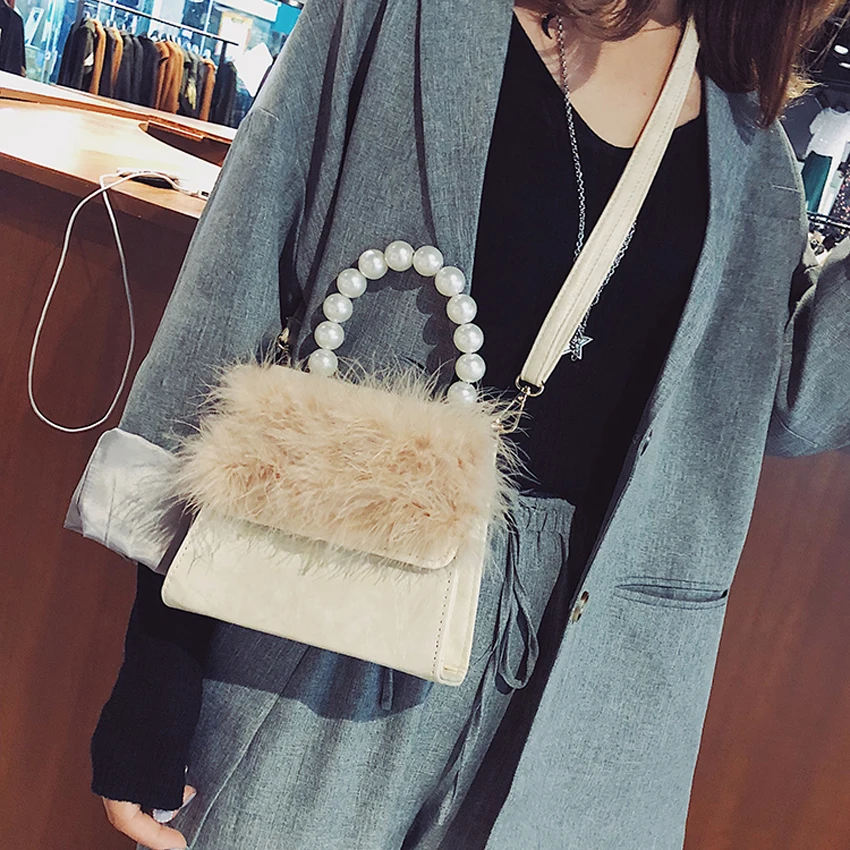 TOYOOSKY النساء اللؤلؤ مقبض حقائب كتف حقائب سيدات جولة مع الفراء رسول Crossbody أكياس للفتيات السيدات العلم الإناث