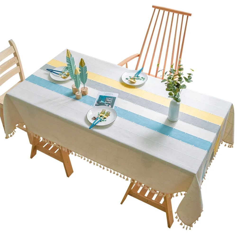 Modern Simple Christmas Tablecloth Yellow Plaid Woven Striped Stitching Table Cloth Lace Pendant De