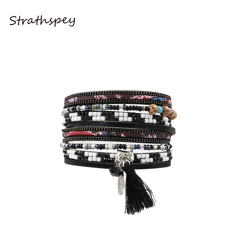 STRATHSPEY Bracelet PU Bracelets &Bangles For Women Pulseira Multi Rows Resin Flora Print Fabric And Beads Tassel Wrap Bracelet