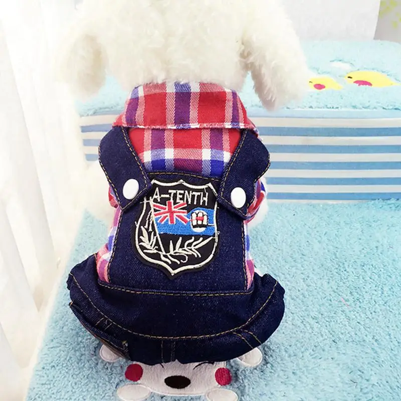 Up-to-date Dog Clothes Pet Products Cat Dog Clothes Lattice Jumpsuits Jeans Red Blue Rose Plaid Cat Clothes - Цвет: Red