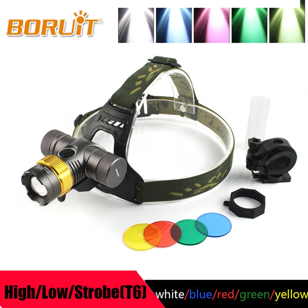 

BORUiT 2500LM T6 LED Headlight 3 Modes Zoomable Headlamp 5 Light Colors Flashlight Use 18650 Battery Hunting Fishing Head Toech