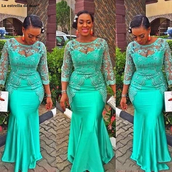 

Vestidos fiesta boda new Scoop neck lace long sleeve sexy mermaid Nigeria Arabian African style turquoise bridesmaid dress long