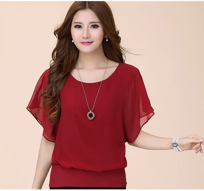 

New Womens Tops Fashion 2018 Women Summer Chiffon Blouse Plus Size Ruffle Batwing Short Sleeve Casual Shirt Black White Red Blue