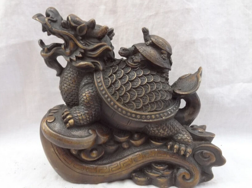 

S3647 9" Chinese Bronze Wealth Cai Coin YuanBao Dragon Turtle On RuYi Statue Sculpture D0318