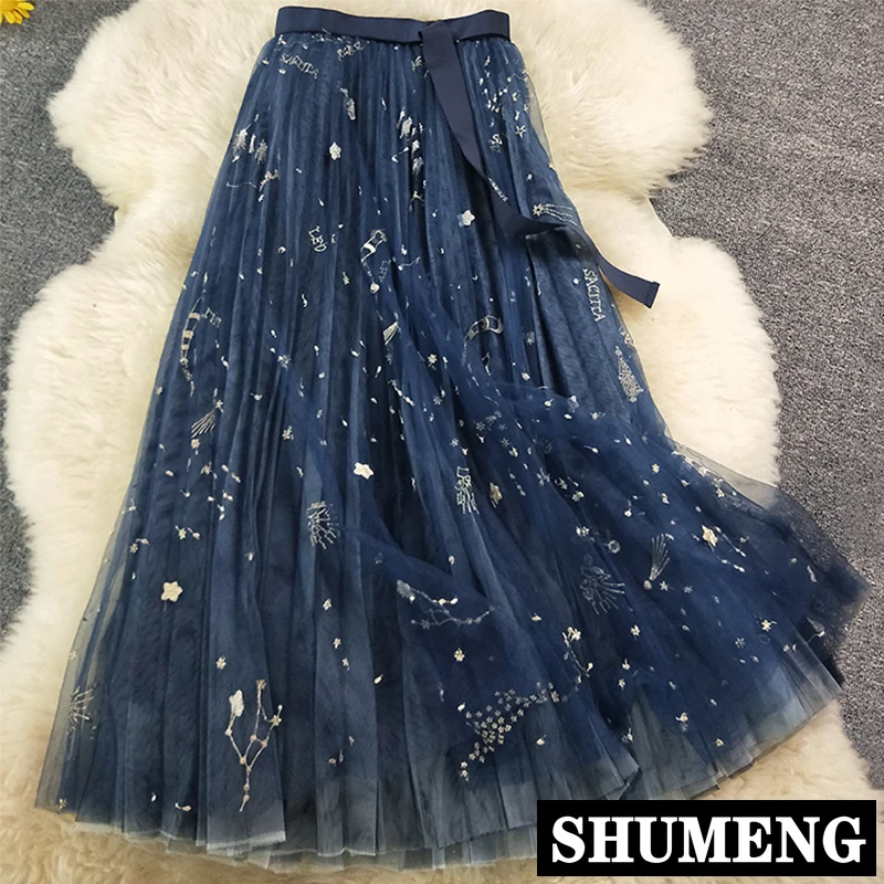 

Heavy Star Embroidery Multi-layer 12 Meter Mesh Skirt Women New Spring and Summer Fairy Long Pleated Skirts
