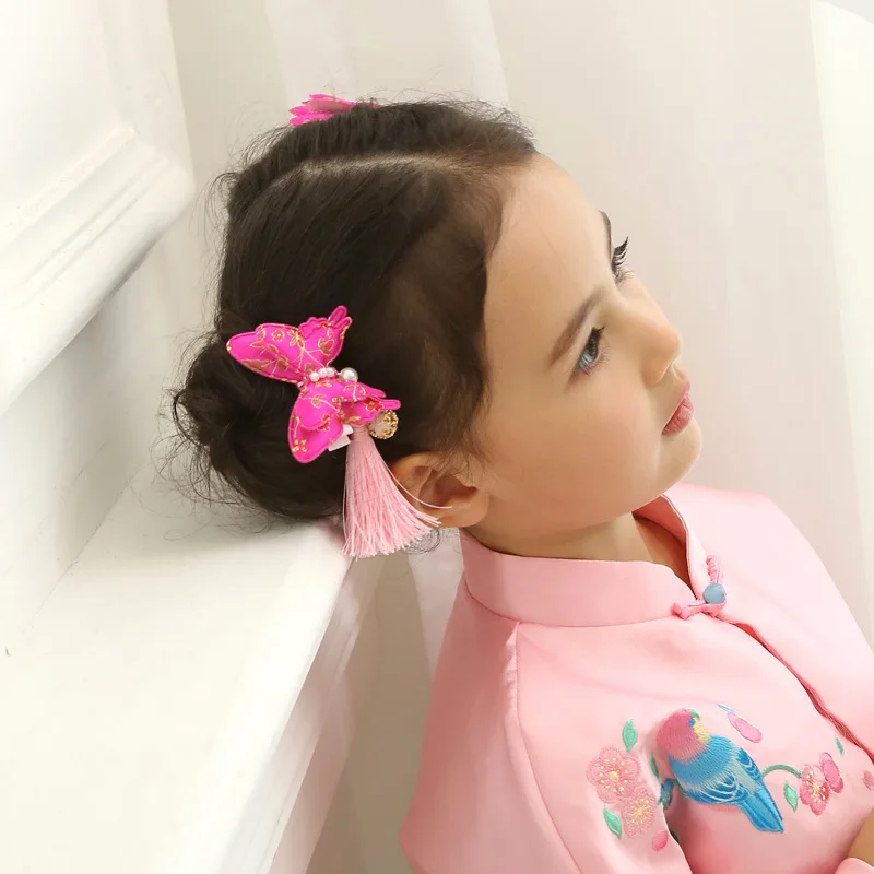 New Year Kids Girls Carton Butterfly Tassels Hair Clips Chinese
