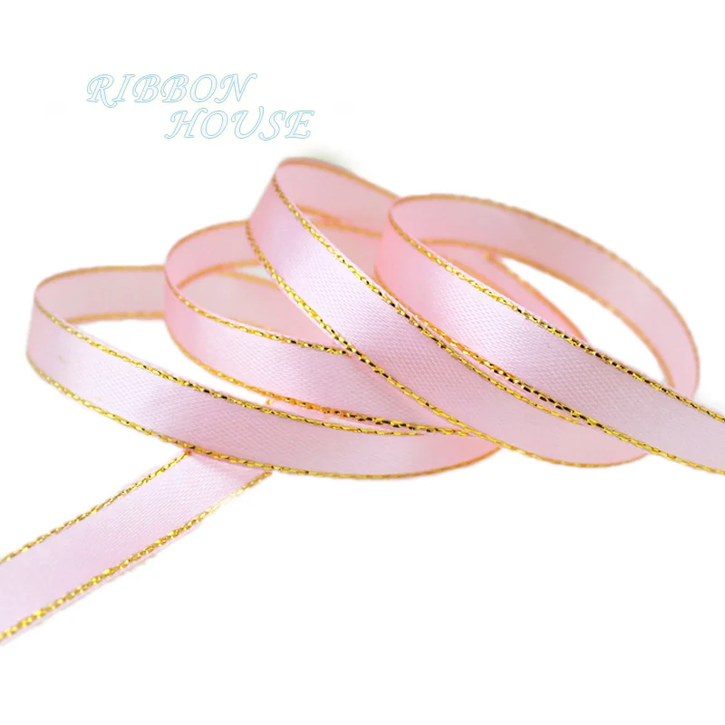 25 Yards of 3/8'' Satin Ribbon with Pink and Gold Edges - High-Quality Gift Packaging Ribbon Wholesale