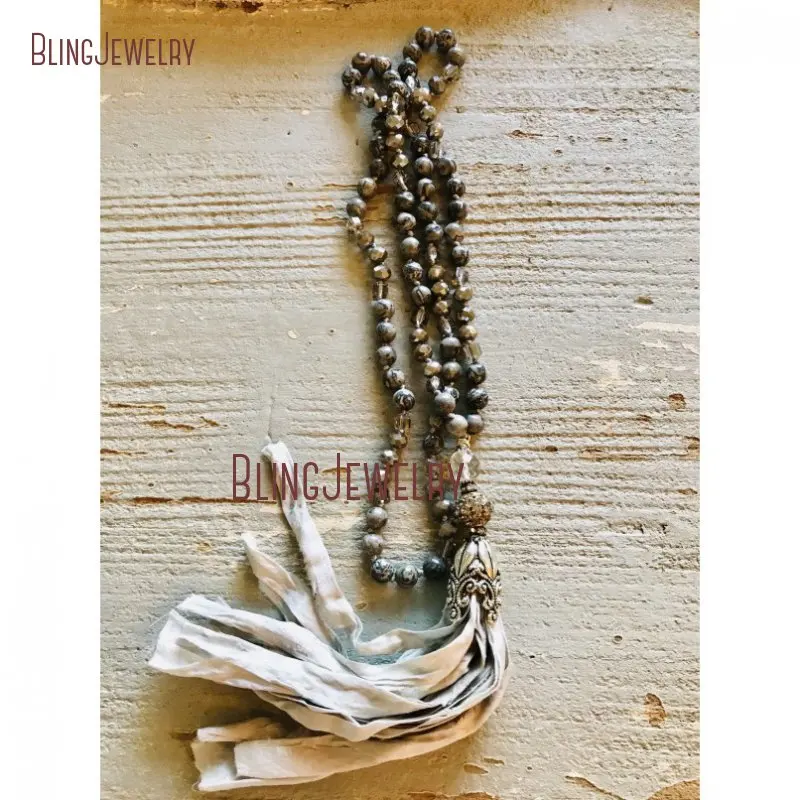 Fun Accessory Black Knot Gems Beads Necklace Shabby BoHo Gray Sari Silk Tassel NM24967 | Украшения и аксессуары