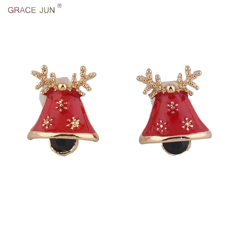 

GRACE JUN Gold Color Red Color Christmas Bell Clip on Earrings Without Piercing for Women Charm No Hole Earrings Xmas Jewelry