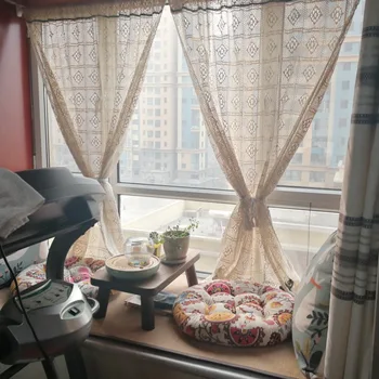 

Linen Hollow Solid Half-curtain Handmade Crochet Roman Curtain British Country Garden Hem Short Curtain for Kitchen Cabinet Door