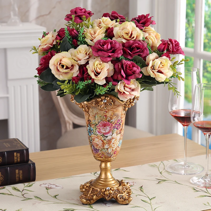Креативная Европейская ретро ваза из смолы, статуэтка для домашнего интерьера, украшения для гостиной, столовой, столовые вазы+ Шелковый цветок, искусство