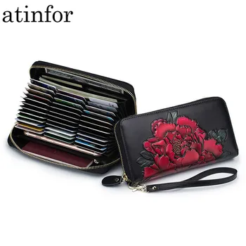 

RFID Blocking Cow Leather Women 36 Slots Card Holder Peony Printing Lady Passport Coin Pocket Wrist Strap Clutch Purse