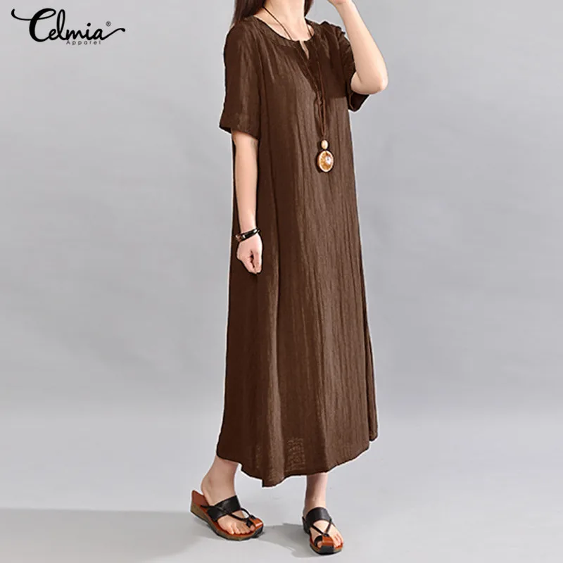 Женский льняной сарафан Celmia повседневный свободный винтажный миди размера плюс