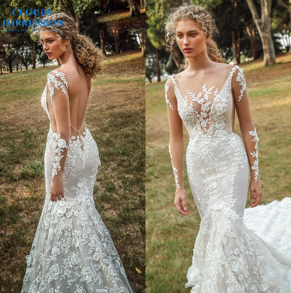 

CLOUDS IMPRESSION Sexy Mermaid Wedding Dresses 2019 Scoop Neck Long Sleeve Trumpet Bridal Gown Vestido De Noiva
