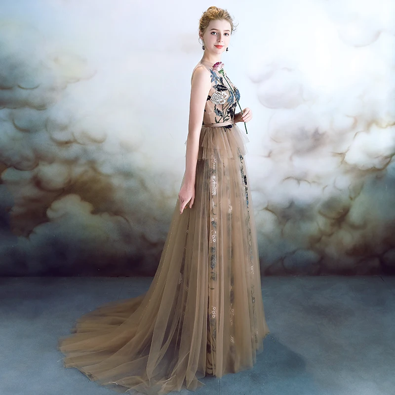Robe De Soiree Evening Dress Long 2019 Tulle with Lace Appliques Bride Banquet Abiye Long Prom Party Dresses