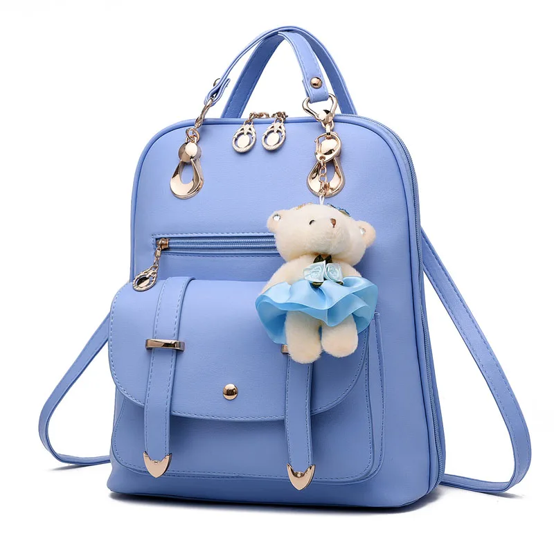 Модный женский кожаный рюкзак с подвеской в виде медведя из искусственной кожи, школьные сумки для молодых девушек, женский рюкзак, Дамский рюкзак - Цвет: Light Blue