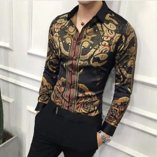 Black 2024 6XL, 19 цветов, модная повседневная приталенная Мужская рубашка с длинным рукавом и принтом из бутика/Высококачественная Мужская Клубная рубашка на выпускной - Цвет: Black 2024