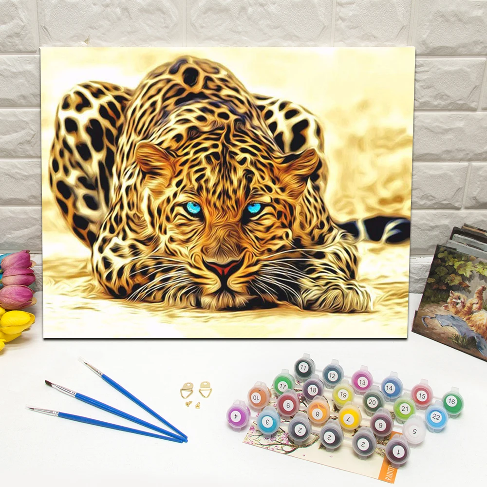 

Framed leopard Animal Oil Painting by Number Hand Painted Canvas Wall Art Picture For Living Room Decoration Wall Art 40x50cm