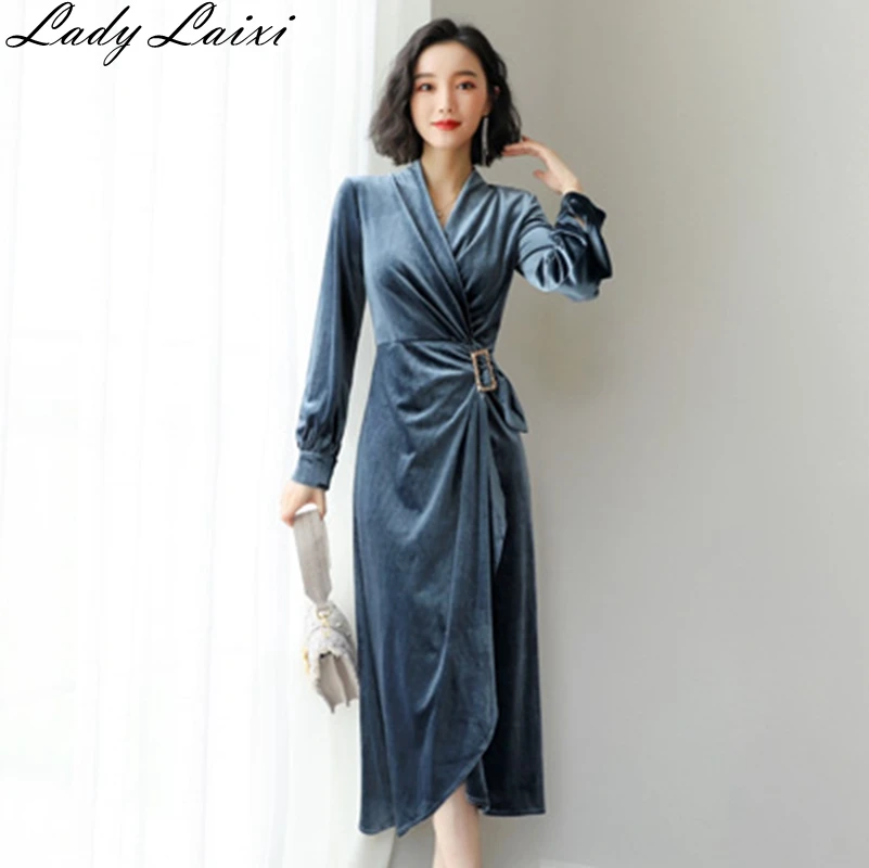 

2019 Autumn Winter Solid Evening Celebrity Party Dresses Velvet Dress Women Sexy V-neck Vintage Belted Wrap Dresses Vestidos