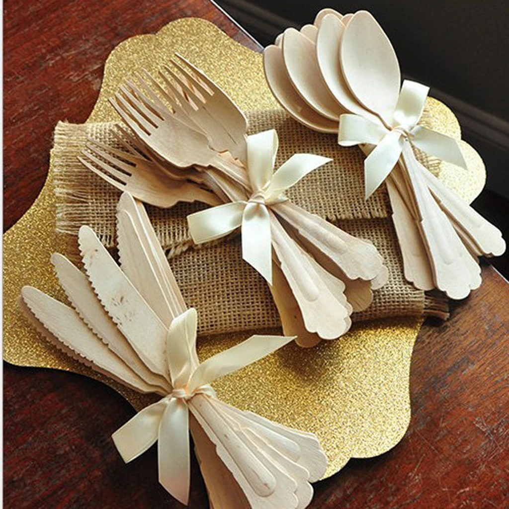 24pcs Disposable Wooden Cutlery Set Wooden Spoons Forks Knife for Weddings Party Events Dinner BBQ Supplies