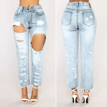 

New Ladies jeans Women Hight Waisted Loose Bow Bandage Hole Denim Jeans Stretch Pants Jean 2019 L318