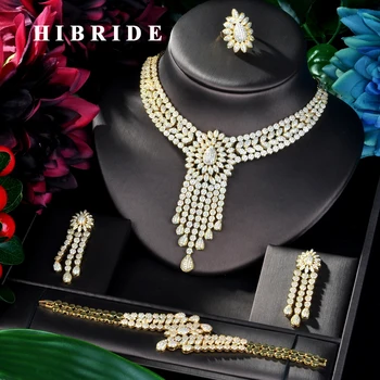 

HIBRIDE Big Long Pendant Gold Color Women Bridal Jewelry Set Dress Necklace Earring Jewelry Set For Party Gits N-886