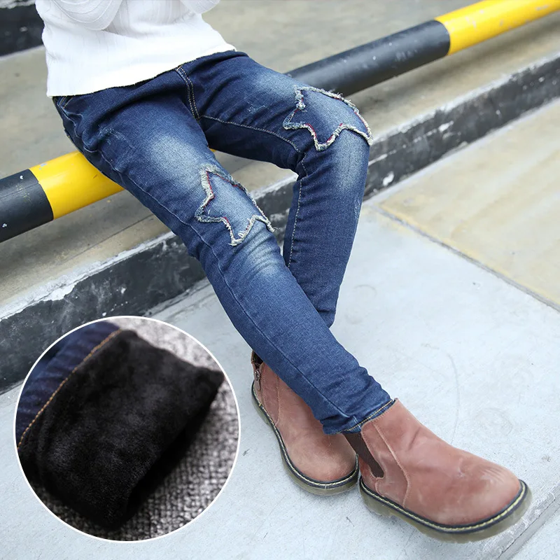 

Autumn and Winter Girls Pants Thick Cashmere Jeans Girls Fashion Denim Trouses