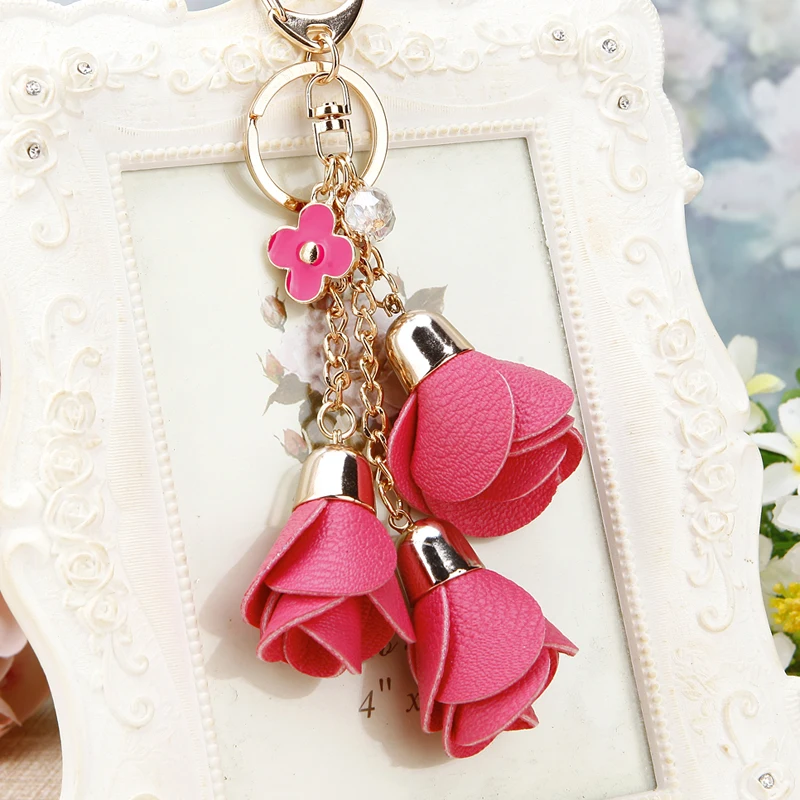 2018 new charm fashion leather rose flower key chain cute tassel flower