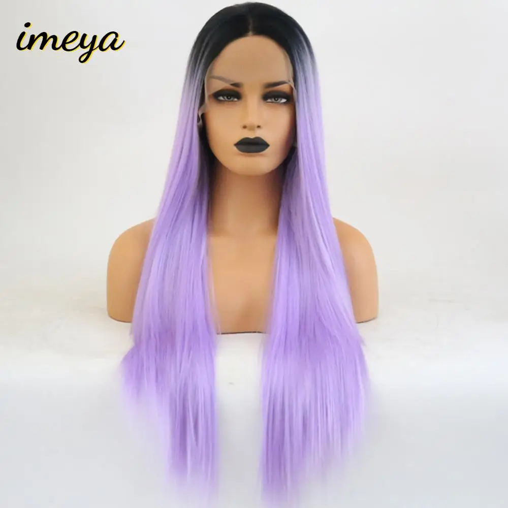 

Imeya High Temperature Fiber Long Straight Synthetic Hair Wig Black Ombre Purple Lace Front Wigs For Cosplay