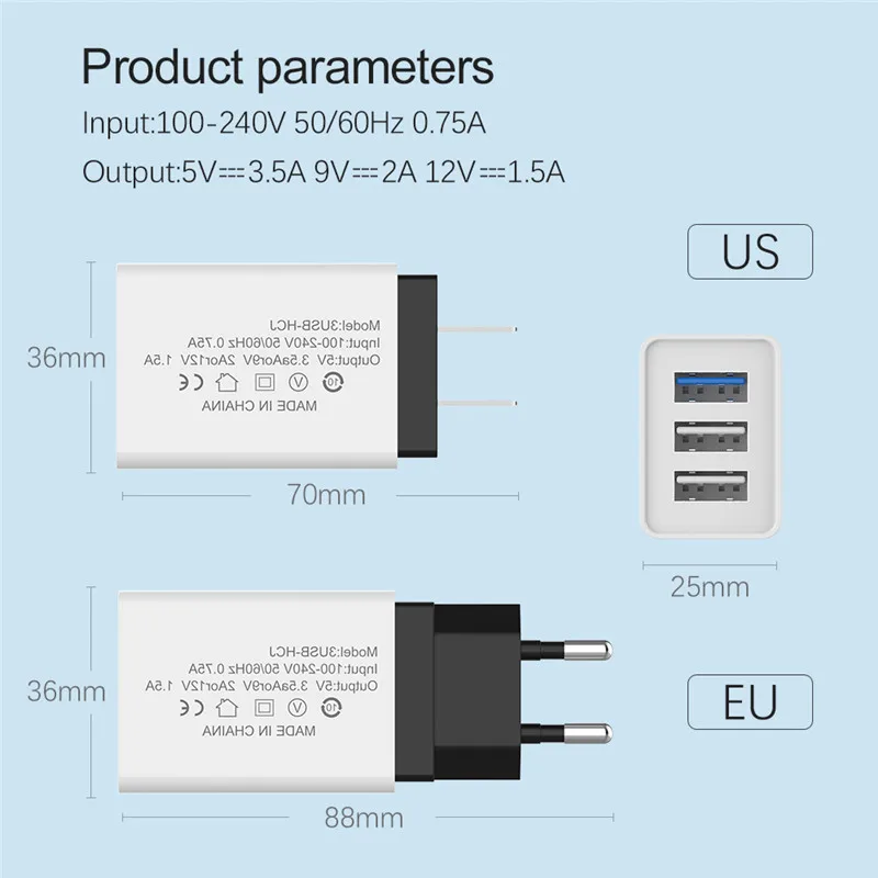 3 порта USB зарядное устройство быстрая зарядка настенное для Huawei Xiaomi