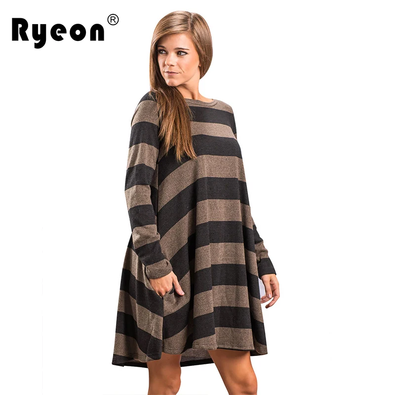 Beste Ryeon Plus Size Casual Herfst Winter Lente Gestreepte Gebreide Jurk Vrouwen Lange Mouwen Warm Dames Elegante Jurken Grote Maat