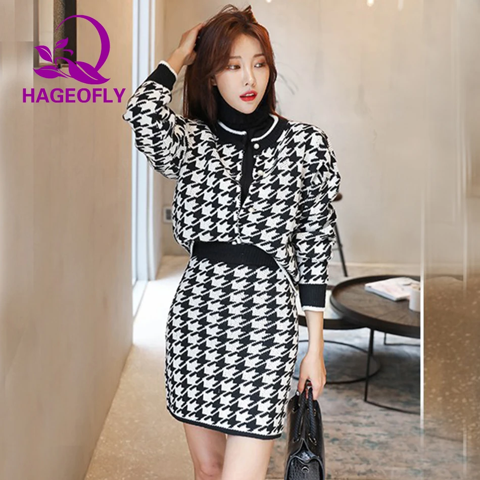 

New Fashion 2019 Suits Women Black Blue Short Coat with Mini Skirt Two Pieces Korean Knitted Suit Skirt Office Ladies Clothes