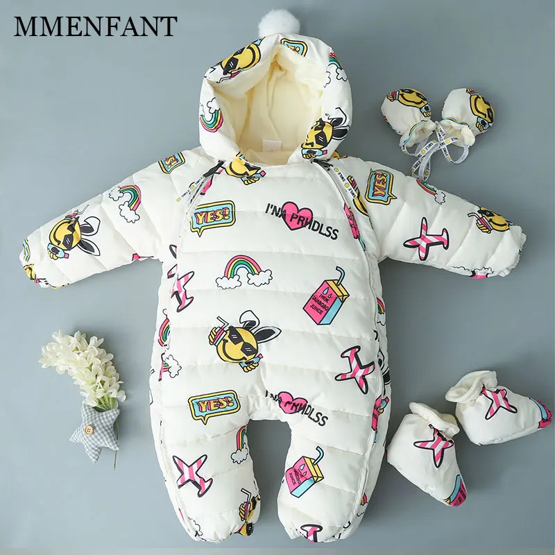

0-24M Baby Cotton Romper Warm Winter Baby Romper One-piece Thick Hooded Christmas outwear newborn Jumpsuit printing Baby Clothes