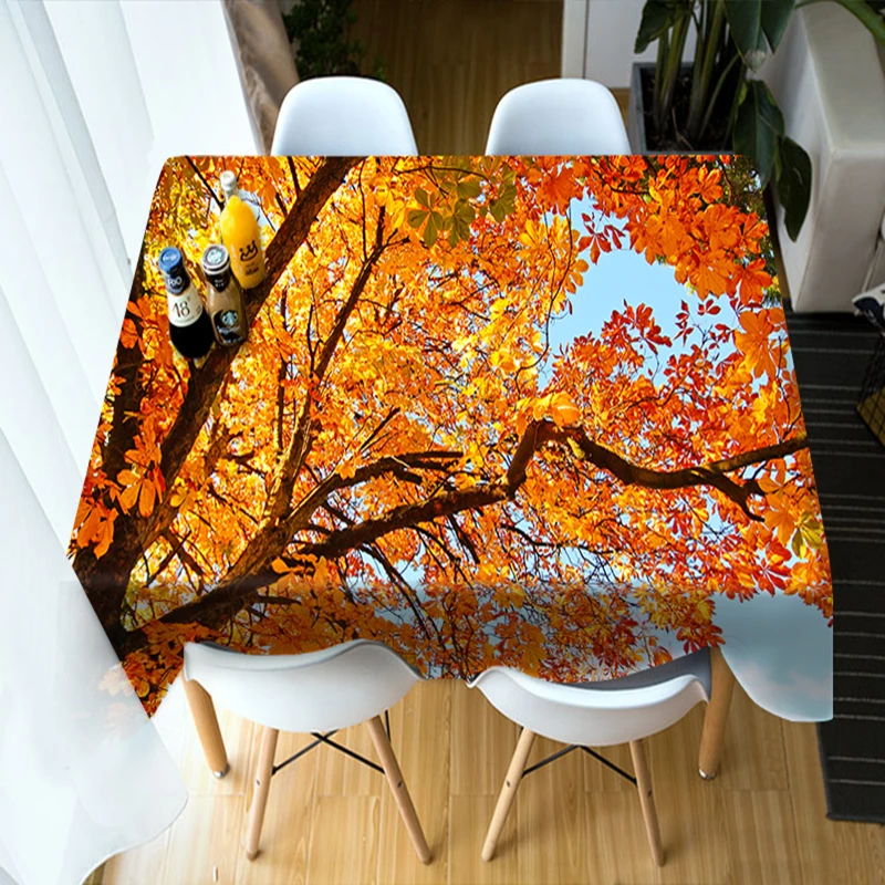 Customizable 3D Round Tablecloth Maple Forest Landscape Pattern Washable Polyester Cotton Rectangul