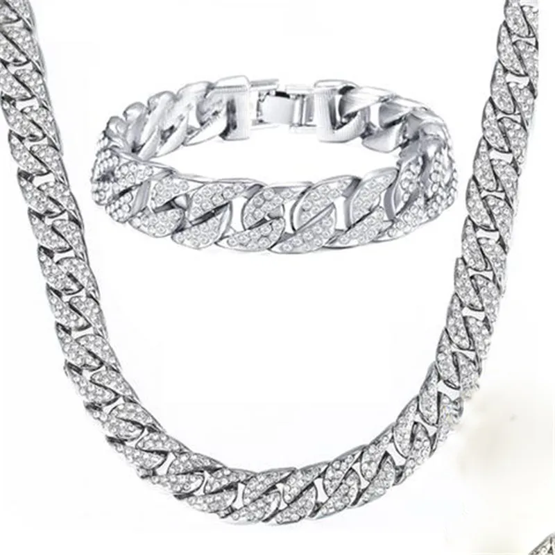 

Hip Hop 1 Set Silver Miami Cuban Chain Necklace Bracelet Iced Out Paved Rhinestones CZ Bling Rapper Necklaces For Men Jewelry