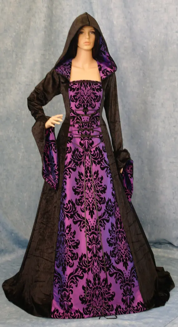 Gothic Dress Dress Ренессанс Средневековые Dress Капюшоном Платье Шотландский Вдова Капот Языческие Платье - Цвет: color