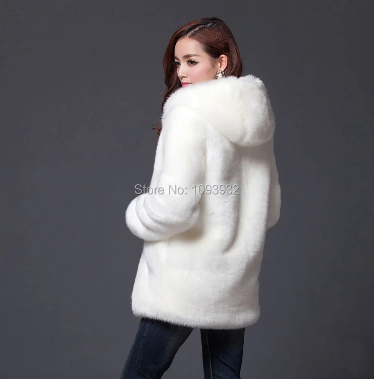 Теплое зимнее плотное меховое Женское пальто из искусственного меха средней длины с капюшоном из кроличьего меха пальто и куртки размера плюс S-3XL-5XL белый, черный
