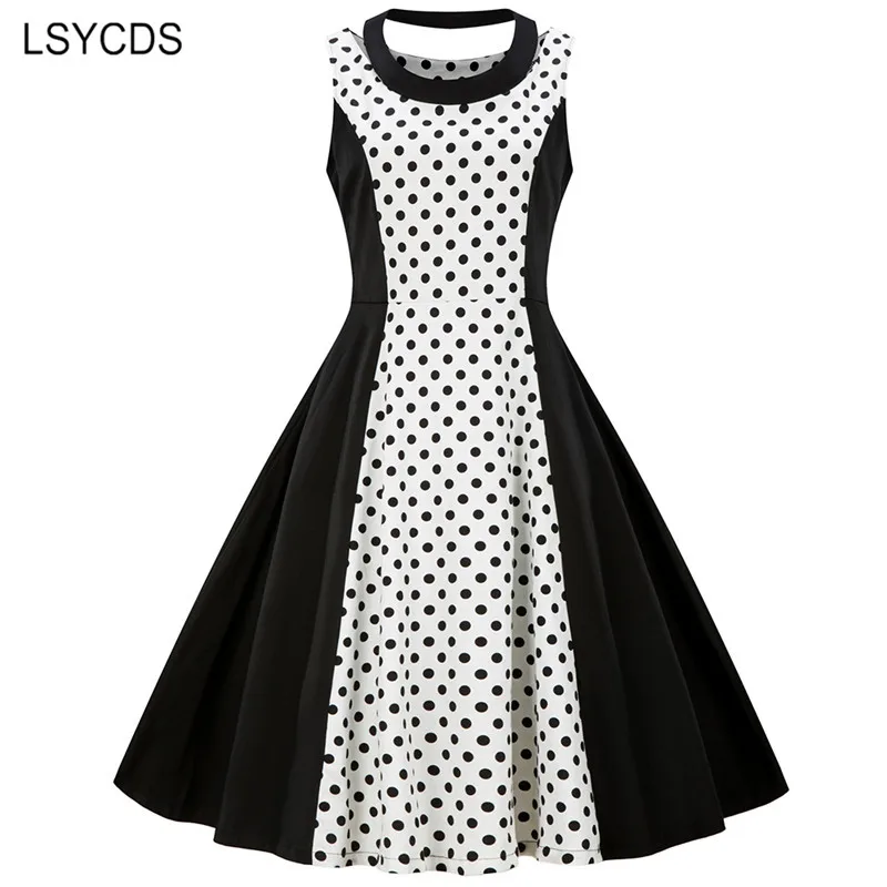 LSYCDS Women Summer Sexy Sleeveless Party Dresses 50s 60s Retro Style Ladies Rockabilly Swing Patchwork Vintage Dress Robe Femme | Женская