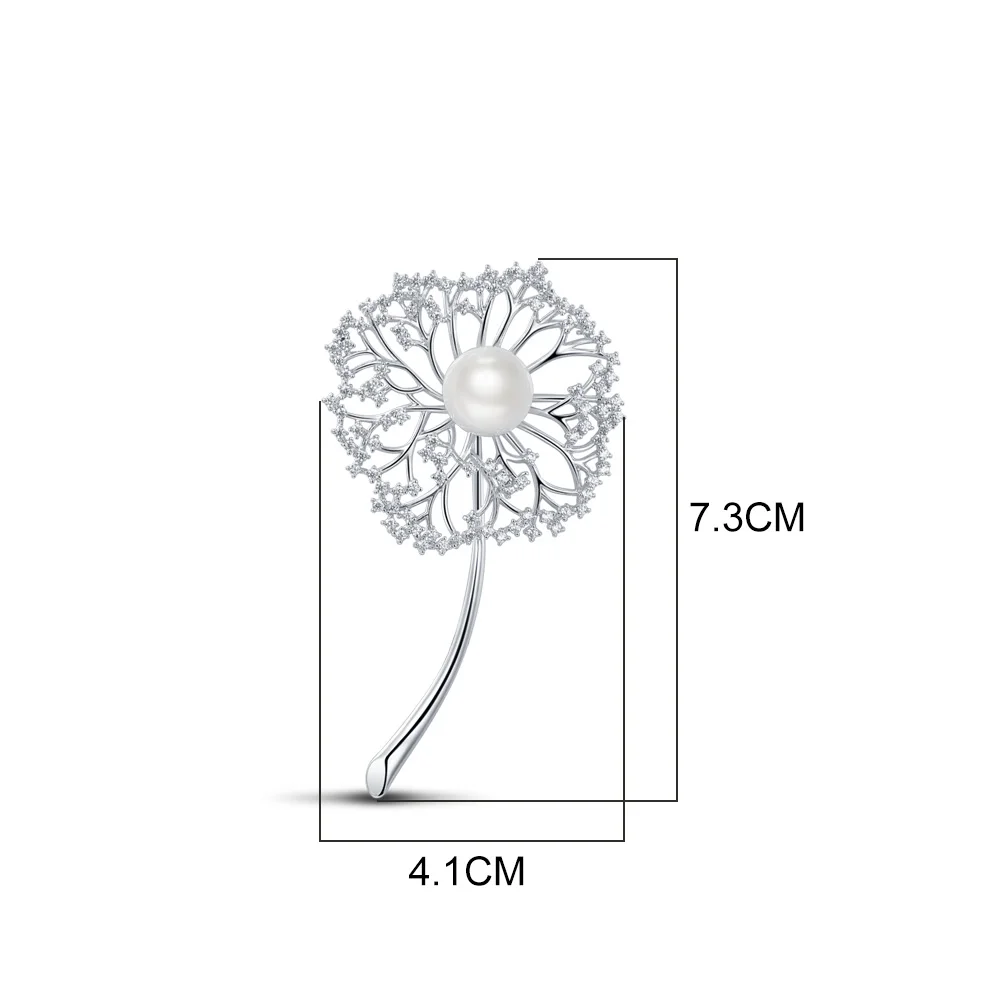 Viennois Fashion Jewelry Sliver Color Simulated Pearl Dandelion Zircon Brooch Pins for Women Lady