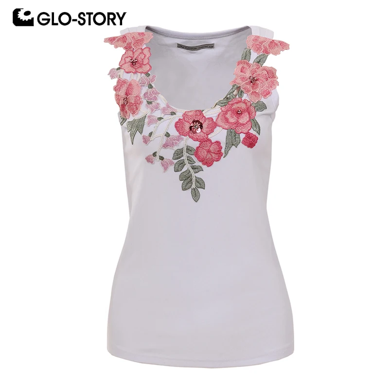 

GLO-STORY Women's Summer Tank Tops 2018 Sleeveless Embroidered tshirt Fashion Sexy Black Knitted Top Tees 5672