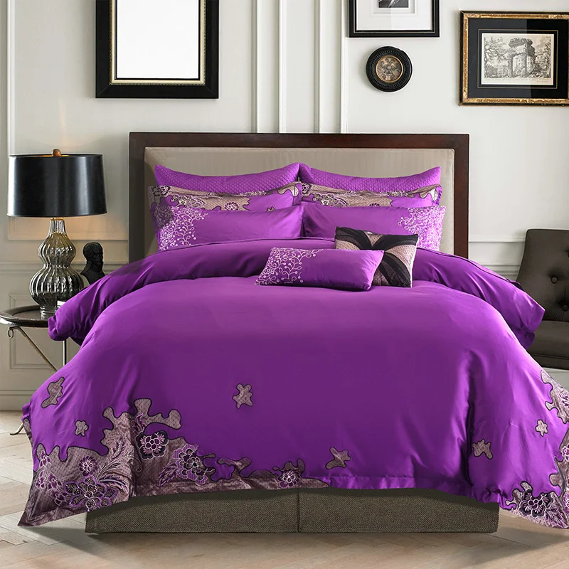 Delicate Long Staple Cotton Purple Satin Embroidery Bedding Set Duvet